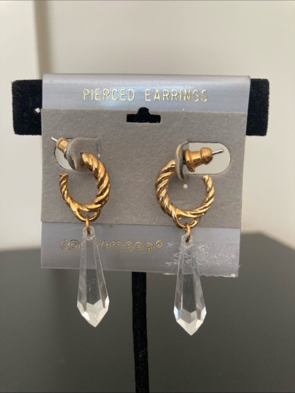 Gold Twisted Hoop Earrings with Clear Crystal Teardrops